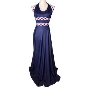 Vintage 60’s polyester maxi halter dress navy/red/white XS